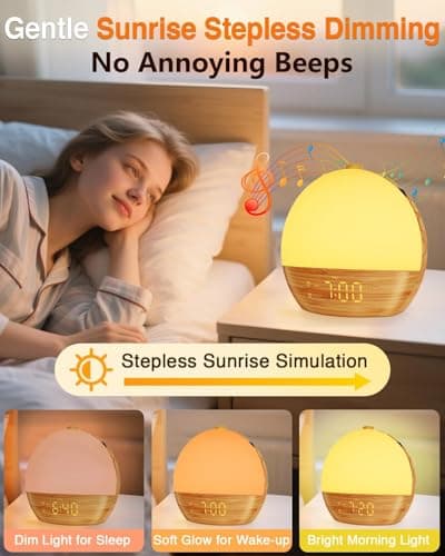 Sunrise Alarm Clock with Sound Machine - Wake Up Light, Wood Grain, Bluetooth, Dual Digital Alarm Clocks for Bedrooms, Adjustable Brightness, 30 Sleep Sounds, White Noise Machine for Baby & Adults
