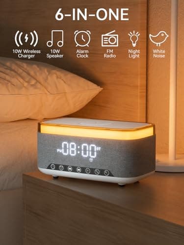 Reatsoc Alarm Clock Bluetooth Speaker with 10w Fast Wireless Charger for iPhone Samsung, 10W Stereo Bluetooth Speaker, 12-Color Night Light, White Noise Machine Digital Clock with FM Radio for Bedroom