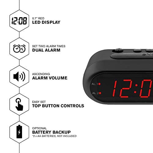 Sharp Easy-Set Digital Alarm Clock for Bedroom – Large Red LED Display, Ascending Loud Alarm for Heavy Sleepers, Dual Alarm Weekday/Weekend, Simple Operation, Snooze, Battery Backup