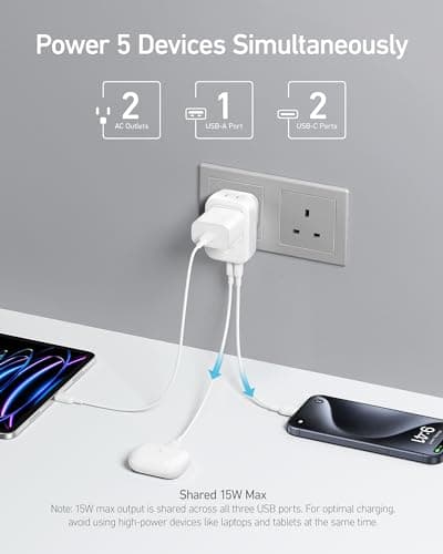 Anker Travel Adapter, Type G Adapter for Travel, US to UK Plug Adapter International Travel Essentials, 2 AC, 1 USB A, 2 USB C for 15W, Compact for iPhone, iPad, England, Ireland, TUV Listed