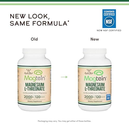 Magnesium L Threonate, Magtein - NSF Certified - Sleep and Cognitive Support – High Absorption – Most Bioavailable Form of Magnesium – 2,000 mg – 120 Capsules