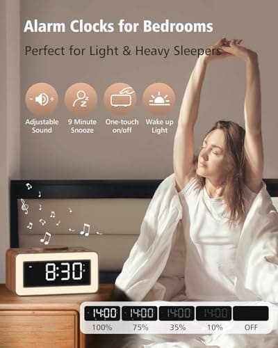 Digital Alarm Clocks for Bedrooms, Bluetooth Speaker, Alarm Clock with Wireless Charging, White/Brown Noise Sound Machine for Sleep with Night Light Wooden Vintage Decor Birthday Gifts for Men, Women