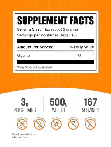 BulkSupplements.com Glycine Powder - Glycine Supplements, Amino Acid Supplement - Unflavored & Gluten Free, 3g per Serving, 500g (1.1 lbs) (Pack of 1)