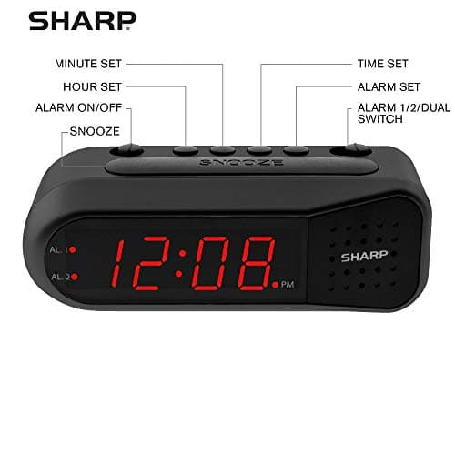 Sharp Easy-Set Digital Alarm Clock for Bedroom – Large Red LED Display, Ascending Loud Alarm for Heavy Sleepers, Dual Alarm Weekday/Weekend, Simple Operation, Snooze, Battery Backup