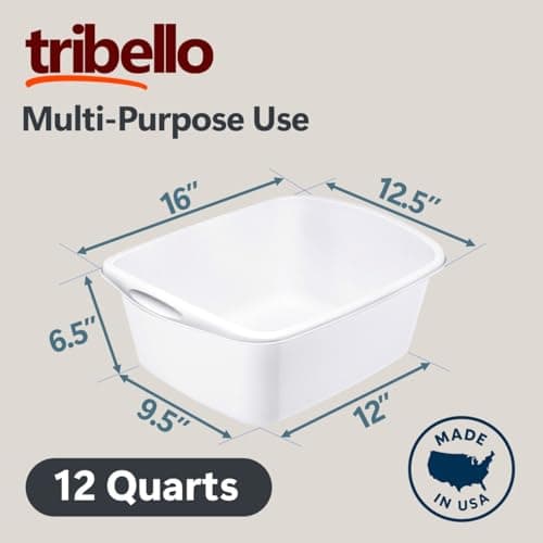 Tribello Plastic Wash Tub Dishpan Basin and Foot Bath for Soaking Feet, Laundry Hand Wash Bucket, Dish Pans for Washing and Storage Cleaning Supplies - 12 Quarts - Heavy Duty - Made in USA (White)