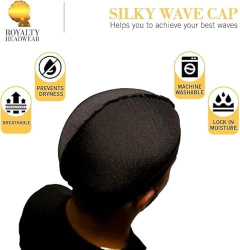 Royalty Headwear Silky Wave Cap for 360, 540 & 720 Waves, Soft Breathable Durag Skull Cap Beanie for Men (US, Alpha, One Size, Black)