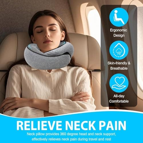 KITVEAURA Travel Neck Pillow for Airplanes – 100% Memory Foam, 360° Head Support, Breathable & Washable Cover, Compact for Travel, Car & Flights