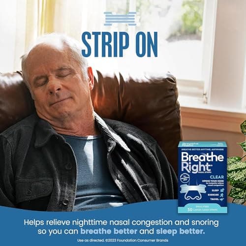 Breathe Right Nasal Strips, Clear Large Nose Strips, Snoring, Nasal Congestion, Deviated Septum, Allergies, 30 Ct (Packaging May Vary)