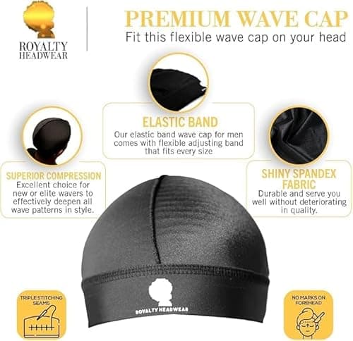 Royalty Headwear Silky Wave Cap for 360, 540 & 720 Waves, Soft Breathable Durag Skull Cap Beanie for Men (US, Alpha, One Size, Black)