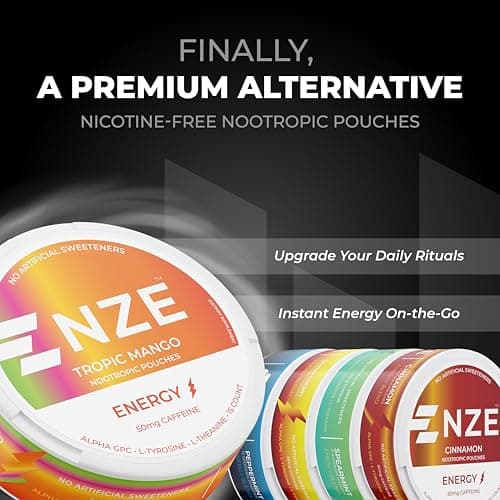 NZE Caffeine Nootropic Pouches (Variety Pack) - Energy Pouches with 50mg Caffeine, Alpha GPC, L-Tyrosine & L-Theanine with No Sugar or Artificial Sweeteners - 15 Pouches Per Can - 5 Pack