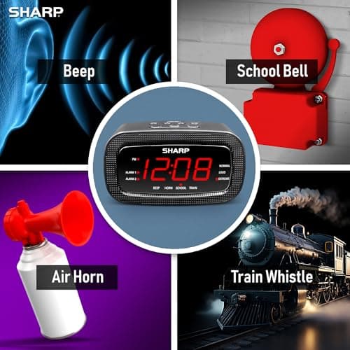 Sharp Shockwave Alarm Clock for Heavy Sleepers – 105dB Ultra-Loud Wake-Up, Air Horn, School Bell, Train Whistle, Beep, Dual Alarms, 3 Adjustable Volumes, LED Display Dimmer