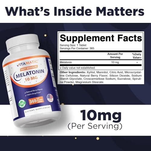 Vitamatic Melatonin 10 mg Fast Dissolve Tablets – Quick-Dissolving Sleep Support Supplement for Adults – Vegetarian, Non-GMO & Gluten-Free – Natural Berry Flavor – 365 Tablets