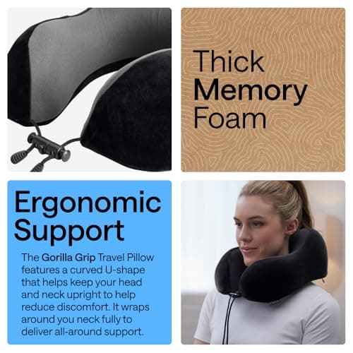GORILLA GRIP Travel Neck Pillow for Airplanes, CertiPUR-US® Memory Foam Cooling Mesh Pillows, Soft Velvet Washable Cover, Support Headrest for Sleeping, Traveling Essentials Flight Accessories, Black