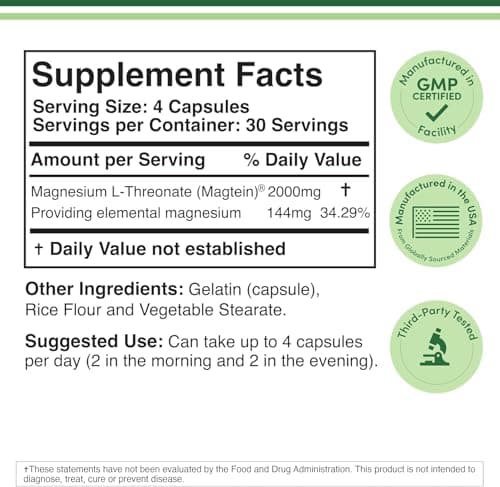 Magnesium L Threonate, Magtein - NSF Certified - Sleep and Cognitive Support – High Absorption – Most Bioavailable Form of Magnesium – 2,000 mg – 120 Capsules
