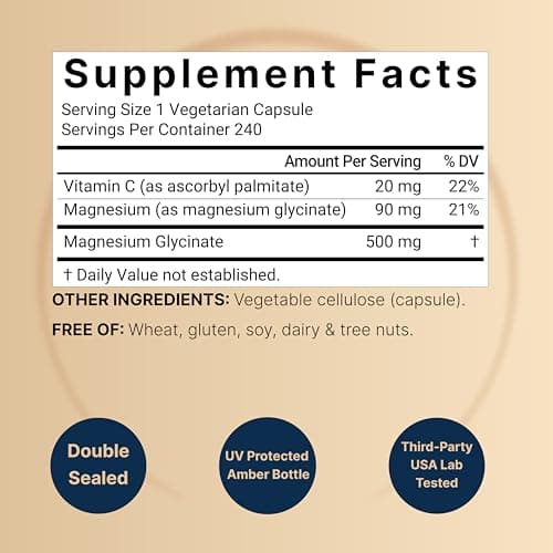 Naturebell Pure Magnesium Glycinate 500mg, 240 Veggie Capsules | 100% Chelated & Purified – 3rd Party Tested, Vegan Friendly, Non-GMO, Filler Free